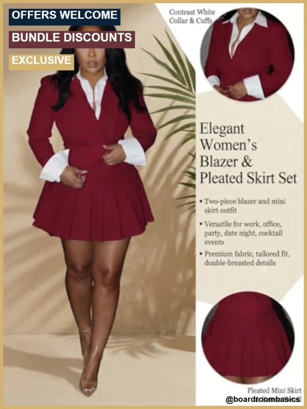 2 Piece Skirt Suit Set Long Sleeve Blazer Pleated Mini Skirt